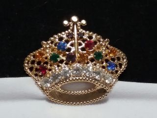 Vintage Estate Gold Multi Colored Rhinestone Crown Royal Hat Brooch Pin
