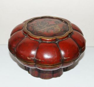 Antique Chinese Foo Dog Footed Wood Basket Red Lacquer Signed Late 1800 