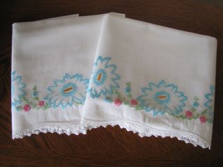 Vintage Pillowcases Embroidered & Crocheted Garland Of Asters Exquisite