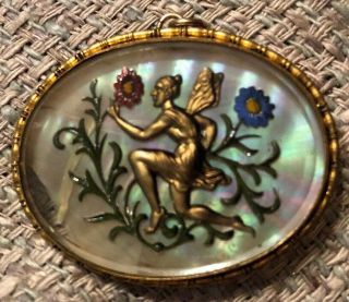 Vintage Mother Of Pearl Brooch With Glass Overlay Fairy Flowers