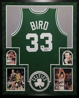 Larry Bird Boston Celtics Signed Autograph Custom Framed Jersey White Suede Matt