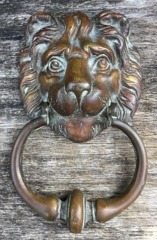 Large Old Vintage Antique Bronzed Brass Lions Head Door Knocker