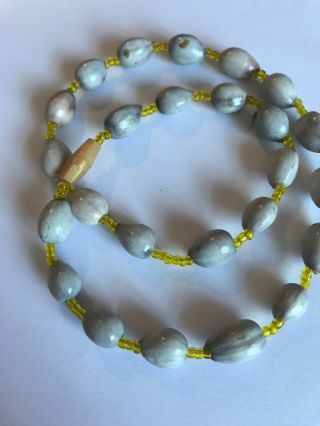 Vintage Duck Egg Blue Glass Beaded Necklace With Amber Lucite Bead Spacers 14 "