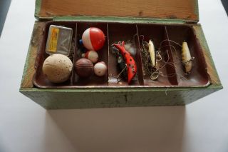 Vintage Handmade Wood Fishing Tackle Box With Tackle Including Wood Lures
