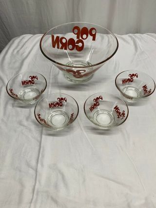 Vintage Heavy Glass Mid Century Modern 5 Piece Popcorn Bowl Set Retro Typography