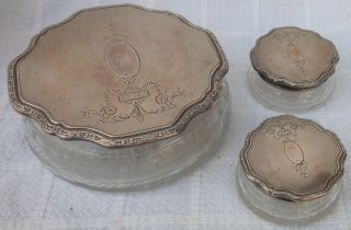 Three Fine Edwardian International Sterling Silver & Cut Glass Dresser Jars