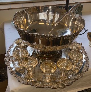 Wallace " Baroque " Silverplate 14 Piece Punch Bowl Set Cups,  Ladle Waiter
