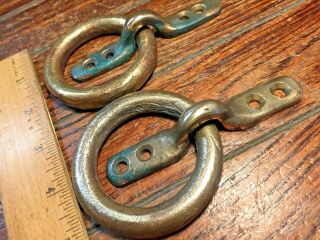 Pair Vintage Polished Bronze Strap Lift Ring Door/drawer Pulls 5 " Large 3 " Rings