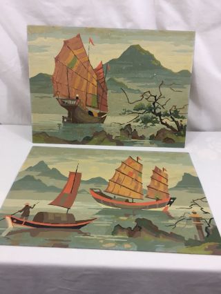 Vtg Unframed Paint By Number Pair 14” X 10” Asian Chinese Fishermen Boats