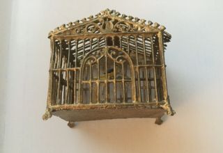 Rare Antique German Soft Metal Miniature Dolls House Bird In A Birds Cage