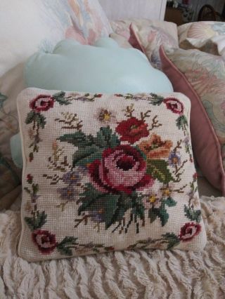 Victorian Rose Floral Finished Completed 9 " X 9 " Pillow Vintage Needlepoint