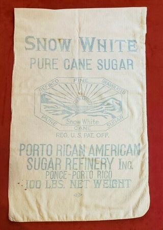 Large Vintage 100 Lb Cloth Bag / Snow White Sugar / Ponce Puerto Rico 1940 