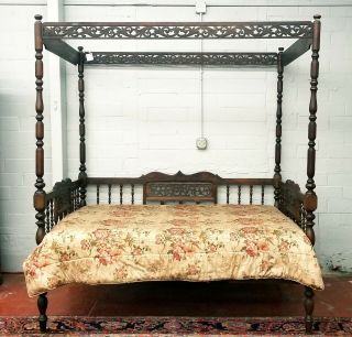 Antique Chinese Hand Carved Wooden Wedding Opium Canopy Bed