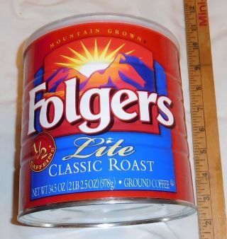 Vintage Mountain Grown Folgers Lite Classic Coffee Empty Tin Can 34.  5 Oz Lid