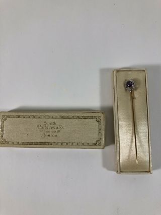 Antique Smith Patterson Boston Stick Pin W Sapphire Box Stand 14k Plate