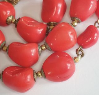 Vintage Miriam Haskell Gold Gilt Brass Red Orange Art Glass Bead Necklace