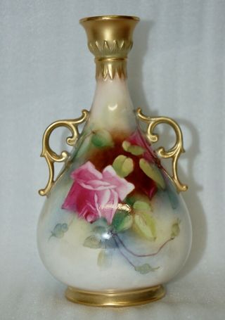 Stunning Antique Royal Worcester Hand Painted 2 Handled Vase Rose