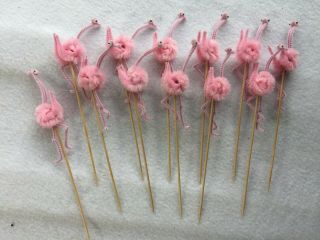 12 Chenille Bird Picks Pink Ostrich Flamingo Pick Appetizer 26658 Vintage