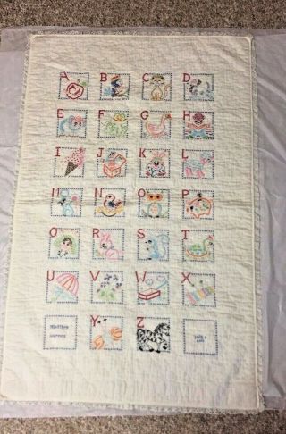 Vintage 80s Baby Crib Nursery Handmade Quilt Embroidered Abcs Eyelet Edge