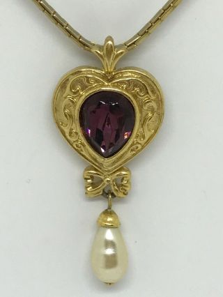 Vintage Jewelry Necklace Lg Amethyst Heart Pearl Drop Lavalier Pendant Gold Tone