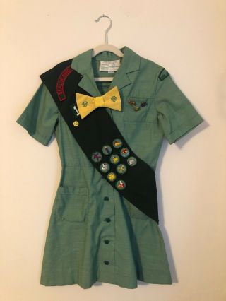 1960/70s Girl Scout Uniform - Dress/tie/belt/beret/sash Size 8 Costume Vintage