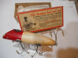 Heddon Basser In Correct C.  1930 Brush Box Red Head Combo Ge Old Wood Lure