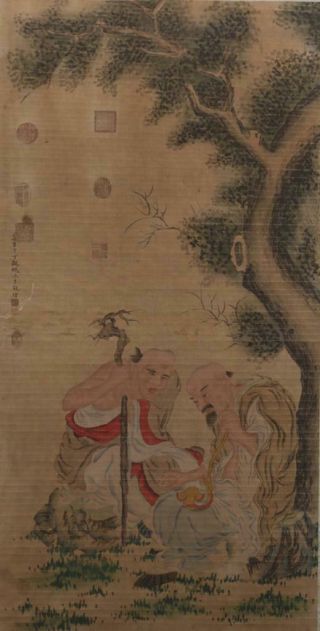 Chinese Old Ding Guanpeng Scroll Painting Two Buddhas 80.  31”