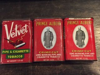 2 Vintage Prince Albert Crimp Cut Tobacco 1 1/2 Oz Metal Tin & 1 Velvet Tin