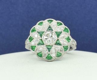 $8,  600 Antique Solid Platinum 1.  23ctw G - Vs Diamond & Cabachon Emerald Ring 5.  7g