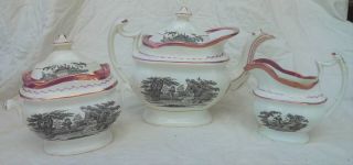Great Large Antique Pink Luster Transfer Decorated 3 Piece Tea Set