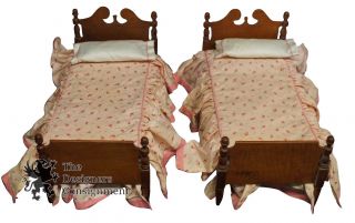 2 Antique Early American Walnut Twin Doll House Beds Miniature W/ Sheets Bedding