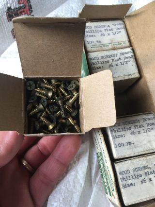 5 Vintage Boxes Of 6 1/2” Flat Head Brass Wood Screws 5 100 Count Boxes 2