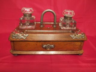 Rare Victorian Wooden Inkwell Set With Draw