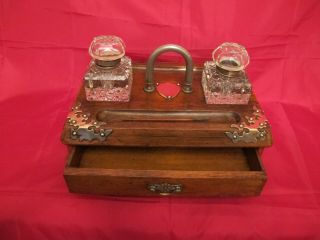 Rare Victorian Wooden Inkwell Set with Draw 2