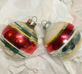 Vintage Shiny Brite Set Of 2 Mica Striped Bulbs Christmas Tree Ornaments 2.  5”