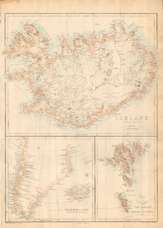 1863 Large Antique Map - Dispatch Atlas - Iceland,  Greenland,  Faroe Islands