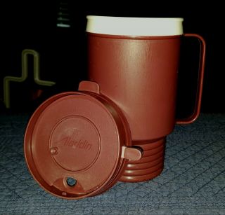 Vintage Aladdin Insulated Travel Mug/cup Dark Brick Brown /white12 Oz.