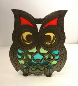 Vintage Owl Metal Napkin/letter Holder Stained Glass