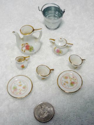 Vintage Porcelain China Doll House Child Miniature Toy White Rose Tea Set 9 Pc L