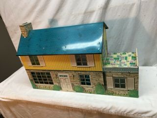 Vintage Tin Doll House Toy Lithograph Large 1950s 2 Story Mid Century
