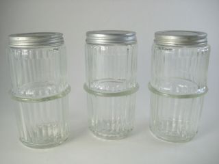 Vintage Sellers Hoosier Spice Jars Shakers Ribbed Glass Solid Lids Set Of 3