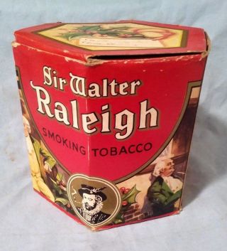 Cardboard Christmas Box W/ Sir Walter Raleigh Tobacco Tin Can Seasons Greetings