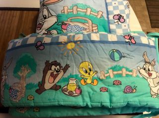 Vintage Baby Looney Tunes Crib Bumper Pad & Blanket Set Of 2 Bugs Tweety & Taz