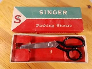 Vintage Pair Singer Pinking Shears No 307 Black Handle Orig Box 7 " Mid - Century