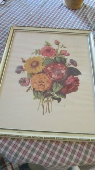 Vintage Cream White With Gold Wood Framed Cottage Flower Floral Print Picture