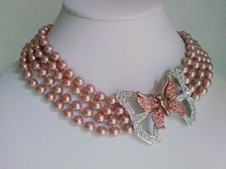Nolan Miller Sublime Vtg Sim.  Pink Pearl & Pink Sapphire Butterfly Necklace -