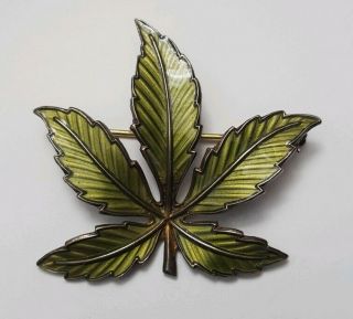Vintage Norwegian Sterling Silver Green Enamel Leaf Brooch - Bernard Meldah