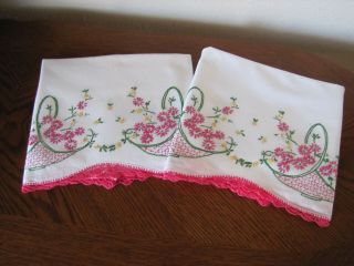 Vintage Pillowcases Embroidered & Crocheted Baskets Of Asters Exquisite