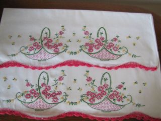 Vintage Pillowcases Embroidered & Crocheted Baskets Of Asters Exquisite 2