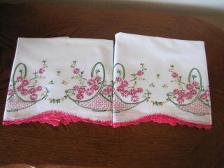 Vintage Pillowcases Embroidered & Crocheted Baskets Of Asters Exquisite 3
